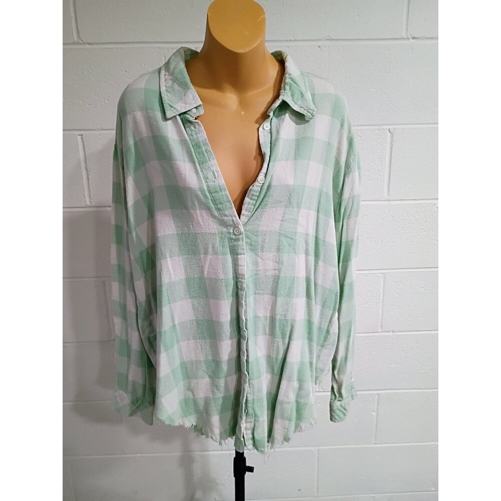 Harper Women's XL Green White Gingham Plaid Flannel Button Down Shirt Top Frayed